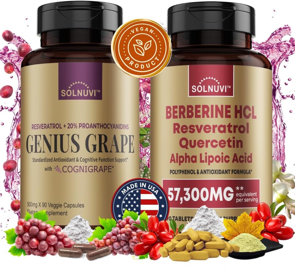 Neuro Defense Bundle: Berberine & Resveratrol Complex - Clinically Tested Cognigrape, Quercetin, Alpha Lipoic Acid - Brain Health & Antioxidant Support - Non-GMO, Gluten-free, Vegan Supplement