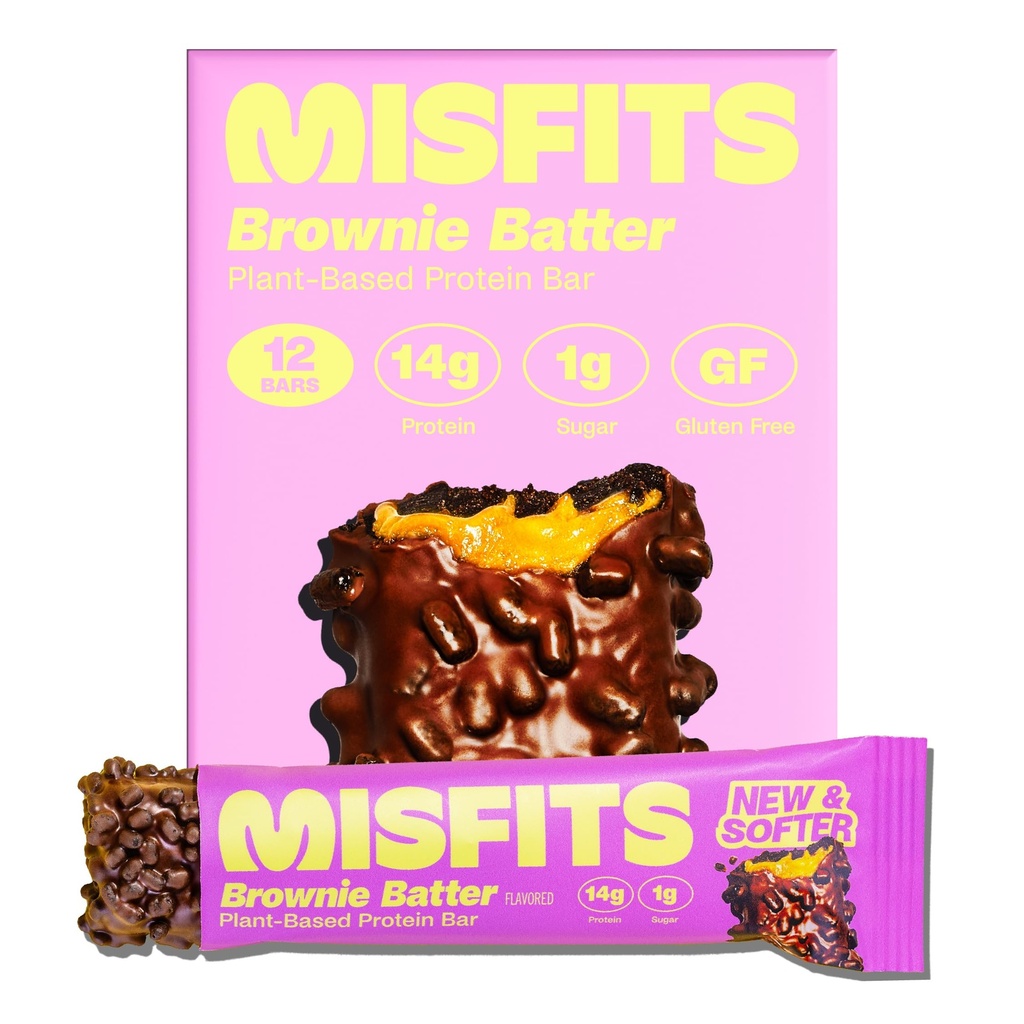 Misfits Vegan Protein Bars - Fudgey Brownie Batter| Nutrition Bars - 14g Protein, 1g Sugar, Plant-based, Low Carb, Non-GMO, Gluten Free Snacks | Pack of 12