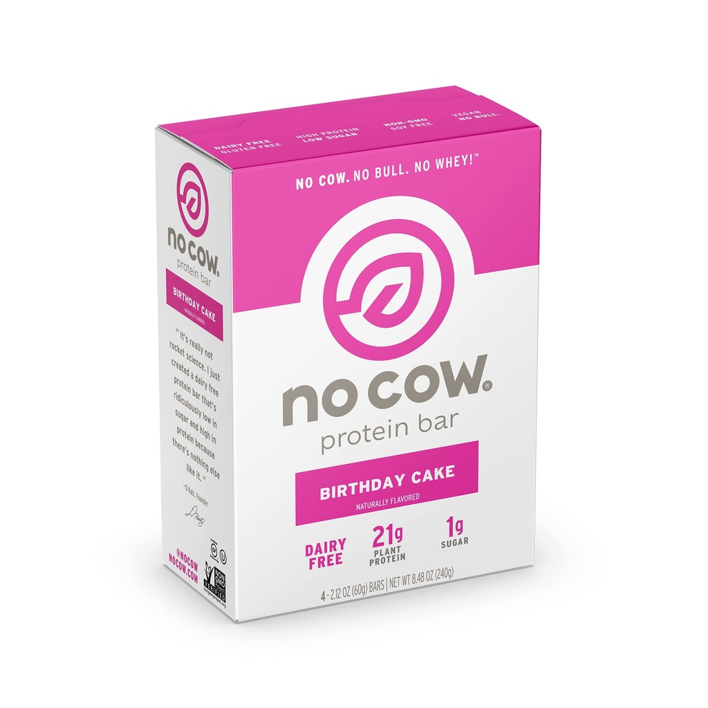 No Cow High Protein Bars, Birthday Cake, 21g Plant Based Vegan Protein, Keto Friendly, Low Sugar, Low Carb, Low Calorie, Gluten Free, Naturally Sweetened, Dairy Free, Non GMO, Kosher, 4 Pack