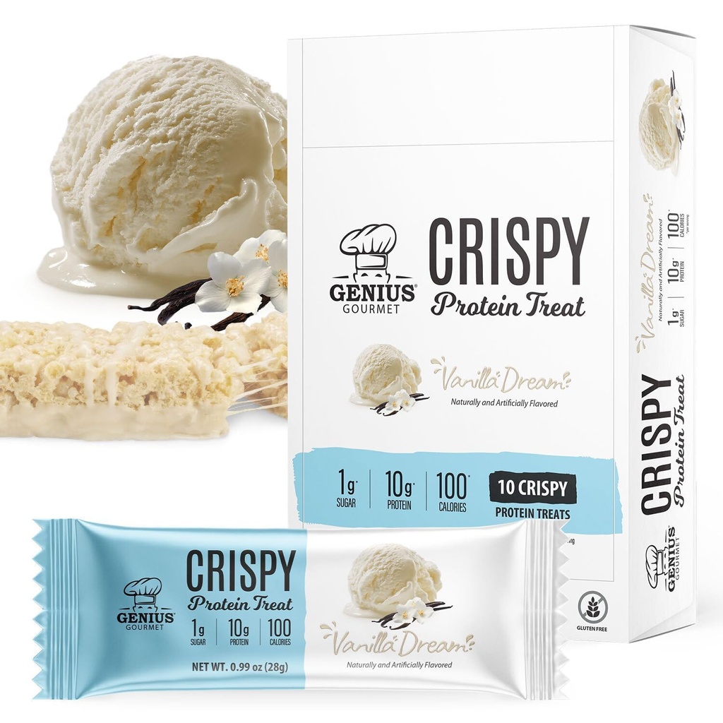 Genius Gourmet Crispy Protein Treat, Vanilla Dream, Keto Snack, Low Carb, Low Sugar & Gluten Free, Protein Snacks for Adults, 10G of Whey Protein per Protein Bar, 5 Net Carbs, On The Go Snack, 10 CT