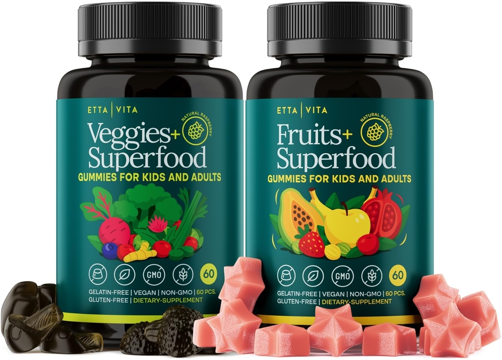 (120 Chews) Fruits and Veggies Supplement - Super Greens Gummies (9 Superfruits & 30 Veggies) Mushrooms, Fruit and Vegetable Vitamins, Non-GMO, Pectin-Based, Gluten-Free, No Capsules