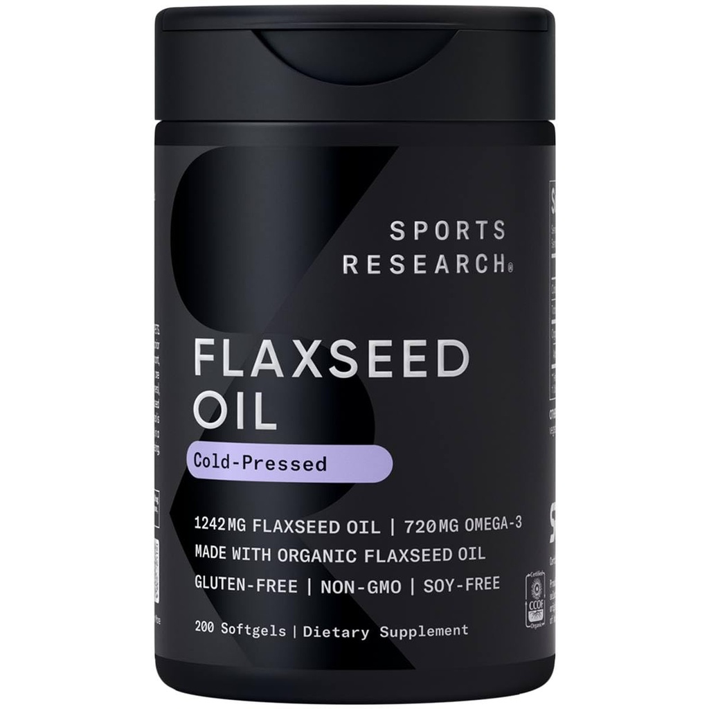 Sports Research Flaxseed Oil Softgels 1242mg - Plant Based Omega 3 Suplemento para Hombres Mujer - Non-GMO Verified, Soy &amp; Gluten Gratis (200 Conde)