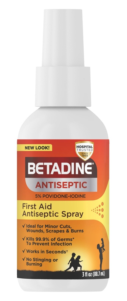 Betadine Antiseptic First Aid Spray, Povidone-iodine 5%, Protección de Infección, Mata Germs En Cortas Menores Scrapes Y Quemaduras, No Promesa de Sting, Sin Alcohol o Peróxido de Hidrógeno, 3 FL OZ