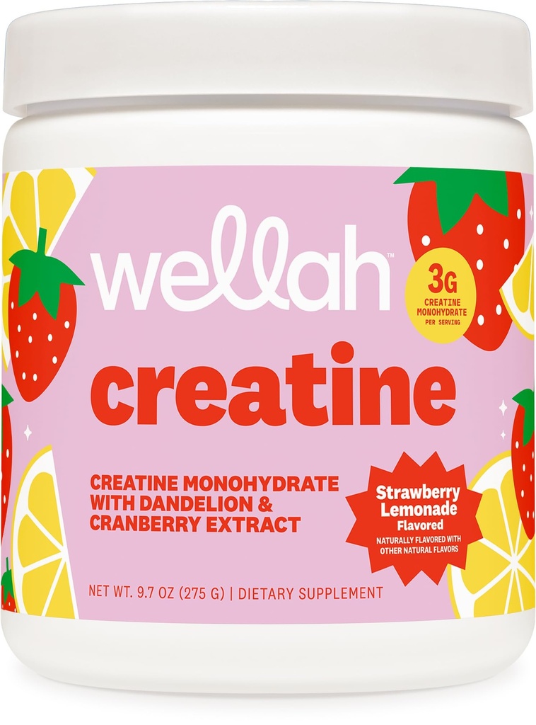 Wellah Creatine para Mujeres - Monohidrato de Creatina con Dandelion & Cranberry Extract (50 Servings, Strawberry Lemonade)