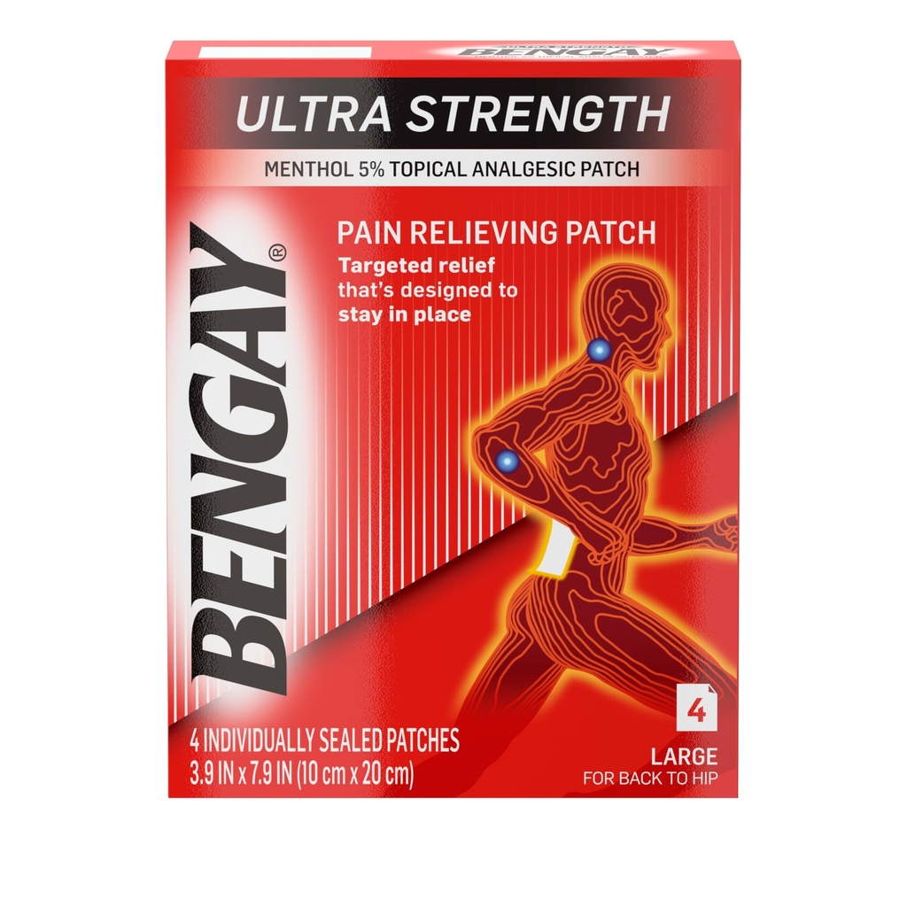 Ultra Strength Bengay Pain Relief Patches, Large Topical Analgesic Menthol Patches for Muscle & Joint Pain Due to Backaches, Minor Arthritis, Sprains, & Strains, 3.9 x 7.9 inches, 4 Count