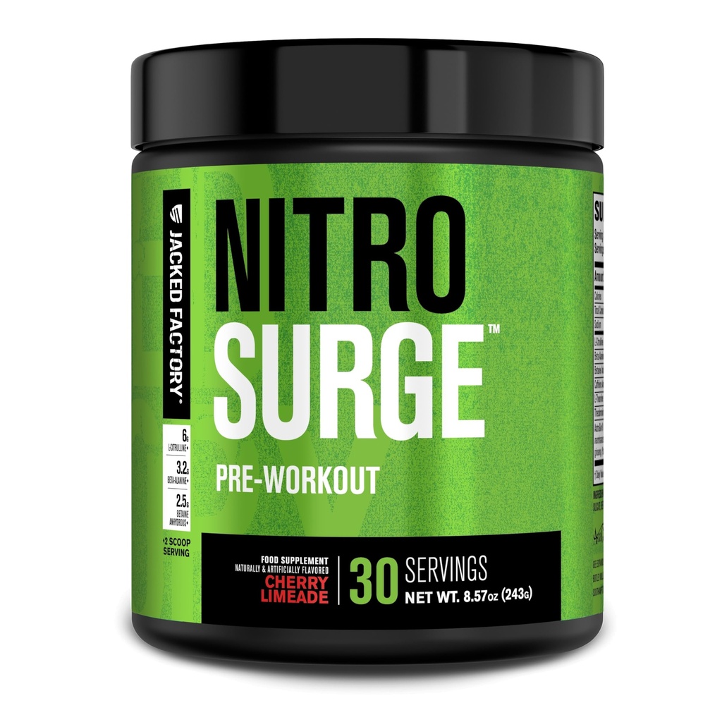 Jacked Factory NITROSURGE Pre Workout Supplement - Endless Energy, Instant Strength Gains, Clear Focus, Intense Pumps - NO Booster & Preworkout Powder with Beta Alanine - 30 Servings, Cherry Limeade