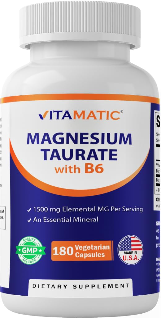 Vitamatic Magnesium Taurate 1500mg por Serving - 180 Capsules Vegetarianos (Provides 300 mg de Magnesio Elemental) - Añadido B6 para Absorción Máxima - Apoyo al músculo, la articulación y la salud cardíaca*