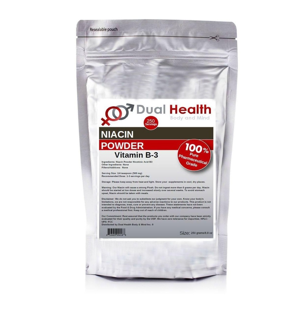 Niacin Powder (250g - 8.8oz) Vitamin B3 Bulk Supplement Immediate Release Niacin with Flush Nicotinic Acid Non-GMO, Vegan, Gluten Free Fast Absorption No GMOs, Fillers, Additives, Metals