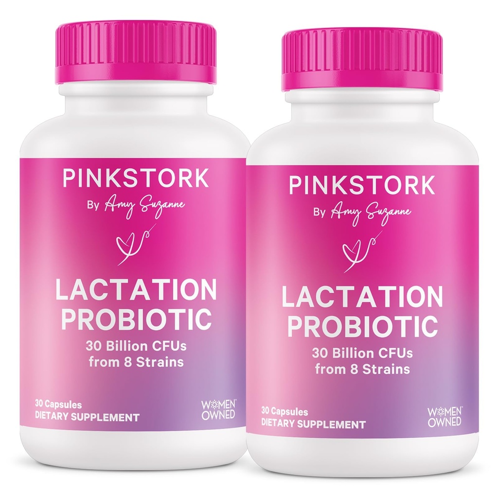Pink Stork Lactation Probiotic - 30 Billion CFUs Multi Strain Postnatal Probiotics for Breastfeeding Women - Support Breast Milk & Gut Health, Postpartum Essentials, 60 Capsules