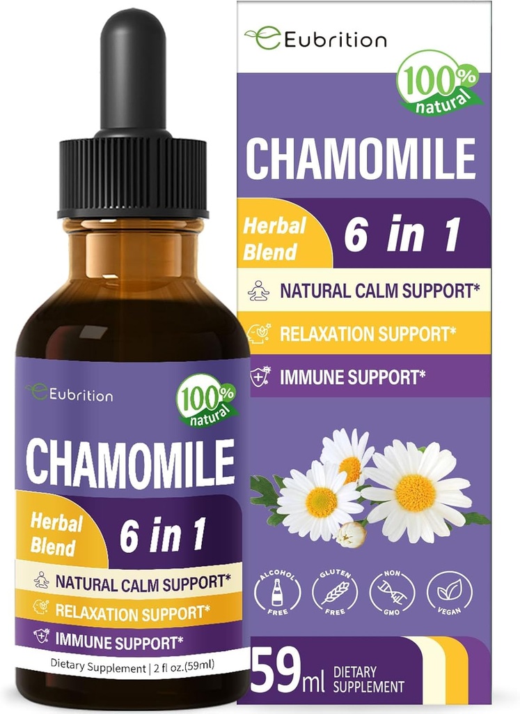 Herb de manzanilla Extract Drops, Natural Calm Herbal Tintura Suplemento w / Pasión Flor, St. John's Wort, Lavender, Reishi, " Echinacea for Relaxation Support " Immune Support. 2oz