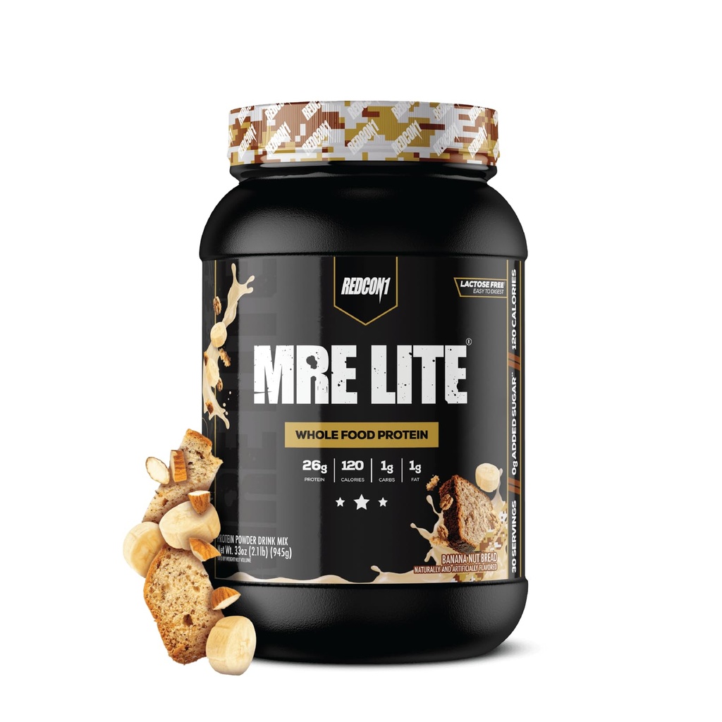 REDCON1 MRE LITE Whole Food Protein Powder, Banana Nut Bread - Lactose Free & Sugar Free Meal Replacement with Animal Protein Blends - Easy to Digest Formula - Only 1g Carb per Serving (30 Servings)