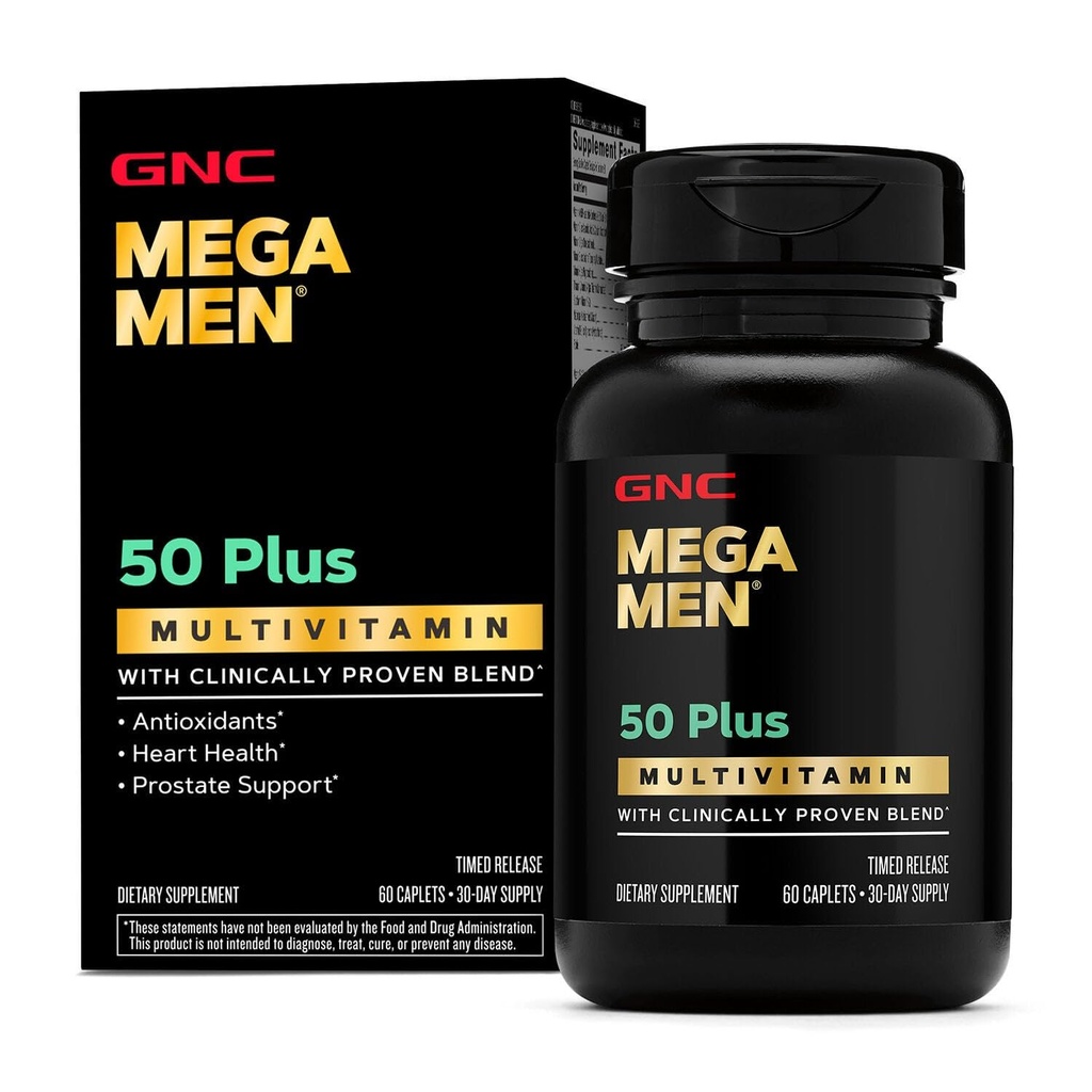GNC Mega Men 50 Plus Multivitamin Caplets, Clinically Proven, Heart & Prostate Health, B Vitamins, Saw Palmetto, Memory, Vitamin D-3, 60 Count