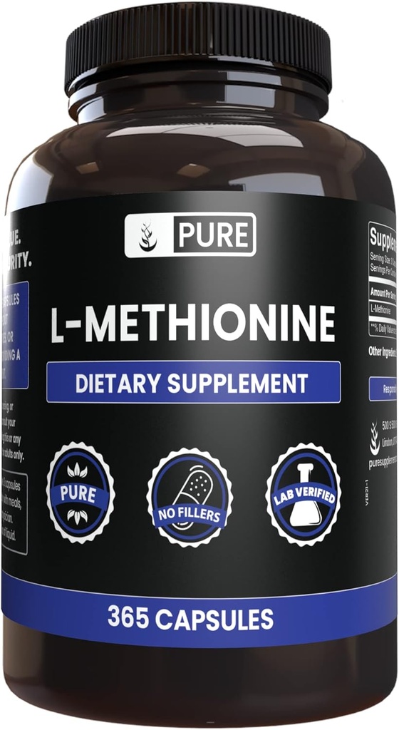 PURE ORIGINAL INGREDIENTES L-Methionine (365 cápsulas) No hay magnesio o rifles de arroz, siempre puro, lab Verificado
