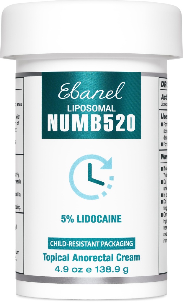 Ebanel 5% Lidocaine Numbing Cream, Pain Relief Burn Itch Cream, Maximum Strength Topical Anesthetic with Allantoin, Vitamin E for Local and Anorectal Uses, Hemorrhoid Treatment, 4.9 Oz