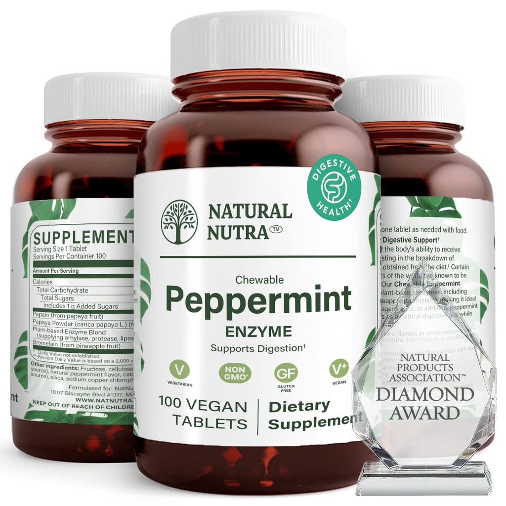 Natural Nutra Chewable Peppermint Digestive Enzyme Supplement, Help to Relieve Gas, Indigestion, and Other Digestive discomforts, Stomach Calmness, Papaya (Papain), Vegan and Vegetarian, 100 Tablets