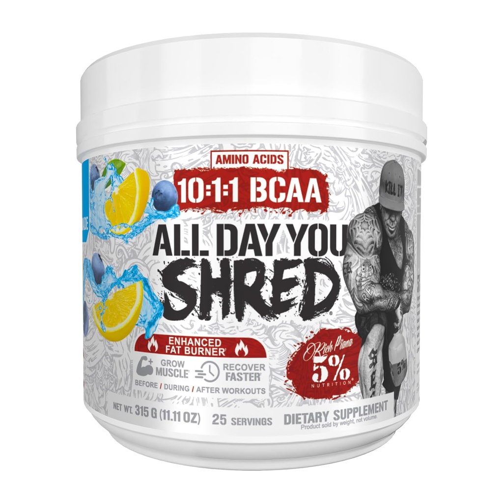 5% Nutrition Rich Piana AllDayYou Shred BCAA Powder | Amino Acid Supplement for Weight Loss | Elite Fat Burning Pre Workout for Energy, Hydration, Endurance & Recovery (Blueberry Lemonade)