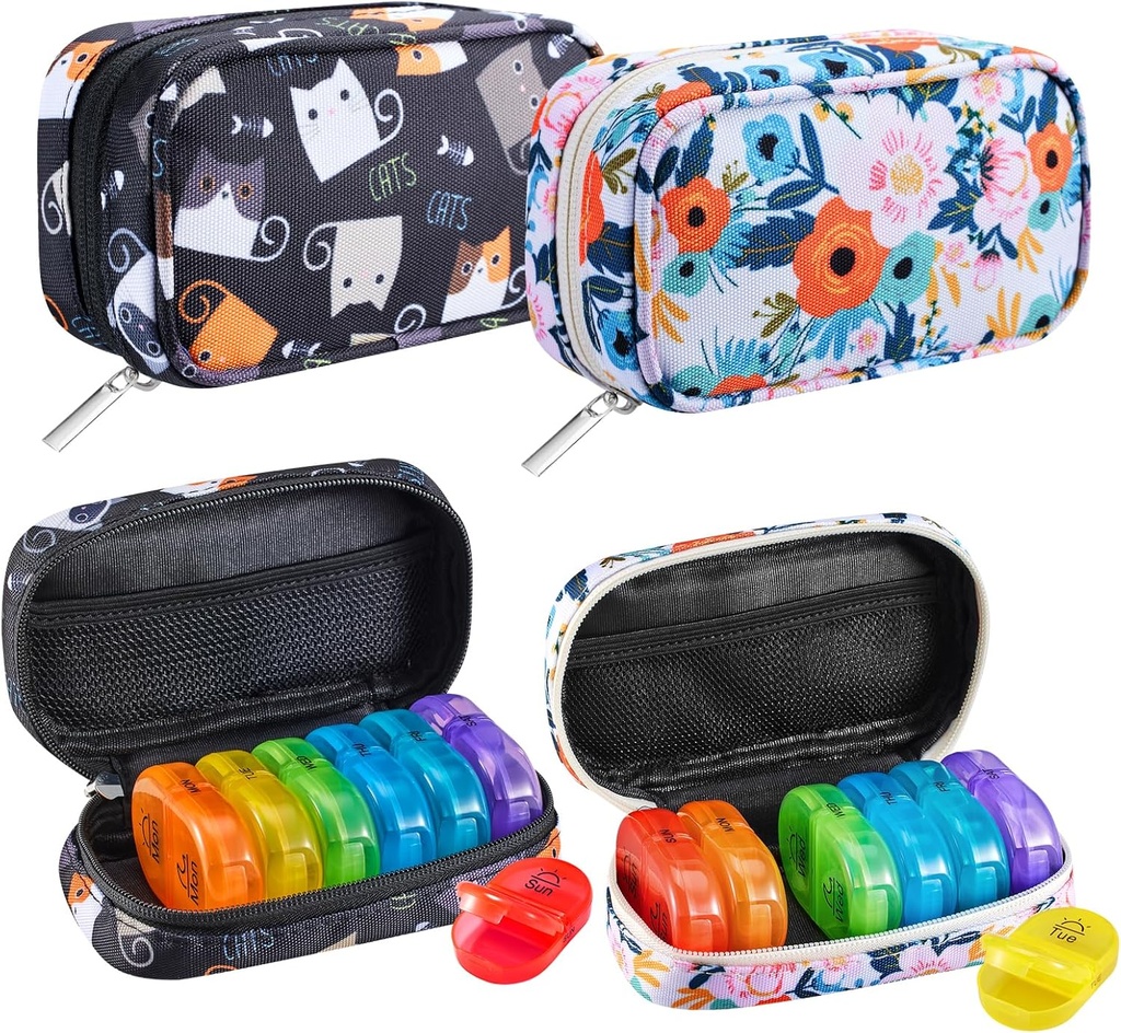 Serfeymi Weekly Travel Pill Organizer 2 Times A Day AM PM Rainbow Pill Box 7 Day with Zipper Canvas Pill Case, Medicine Organizer for Pills, Vitamins, Fish Oils - Black 02 + Bloom 01