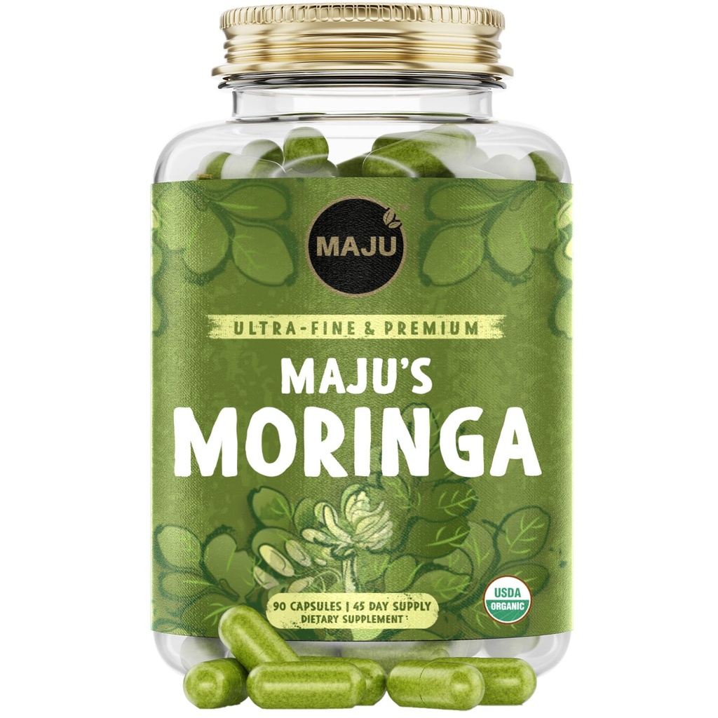 Maju Superfoods Organic Moringa Capsules, Oleifera Leaf, Extra-Fine Quality Moringa Leaves, Dried Drumstick Tree Leaves, Organic Moringa Powder Extract Supplement Capsules from Plant (90 ct)