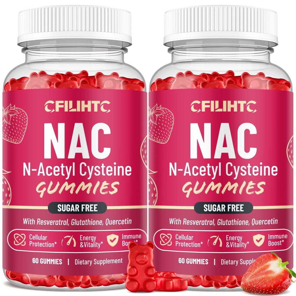 CFILIHTC (2 Pack) NAC Gummies 600mg, N Acetyl Cysteine Supplement with Glutathione, Resveratrol, Magnesium, CoQ10, NAC Chewable for Antioxidants & Immune Support, Strawberry Flavor 120 Gummies