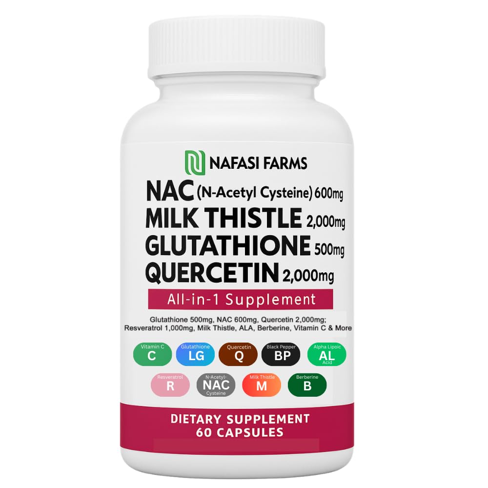 All-in-one NAC Supplement N-Acetyl Cysteine, Quercetin, Milk Thistle, Glutahione, Vitamin C, Black Pepper Extract, Resveratrol, Alpha Lipic Acid, Berberine All Natural 60 Capsules.