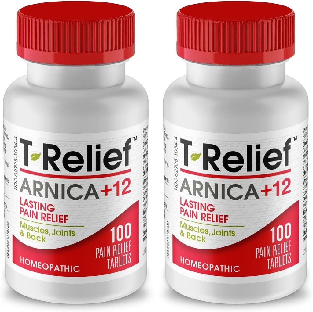 T-Relief Arnica +12 Activos de Alivio Natural para el Dolor Conjunto Soreness Muscle Aches &amp; Stiffness, Alivio Actuador Acelerado para Mujeres &amp; Hombres - 100 Tabletas (2 Pack)