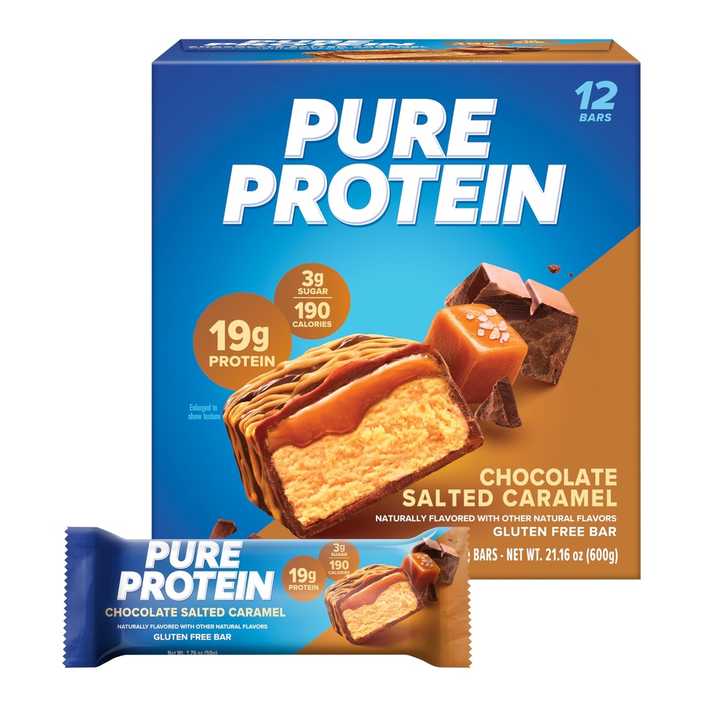 Pure Protein Chocolate Salted Caramel Protein Bars – 20g Protein, 3g Sugar, 190 Calories (12 count) Low Sugar* High Protein Snack - Gluten Free - Perfect for a Healthy Snack