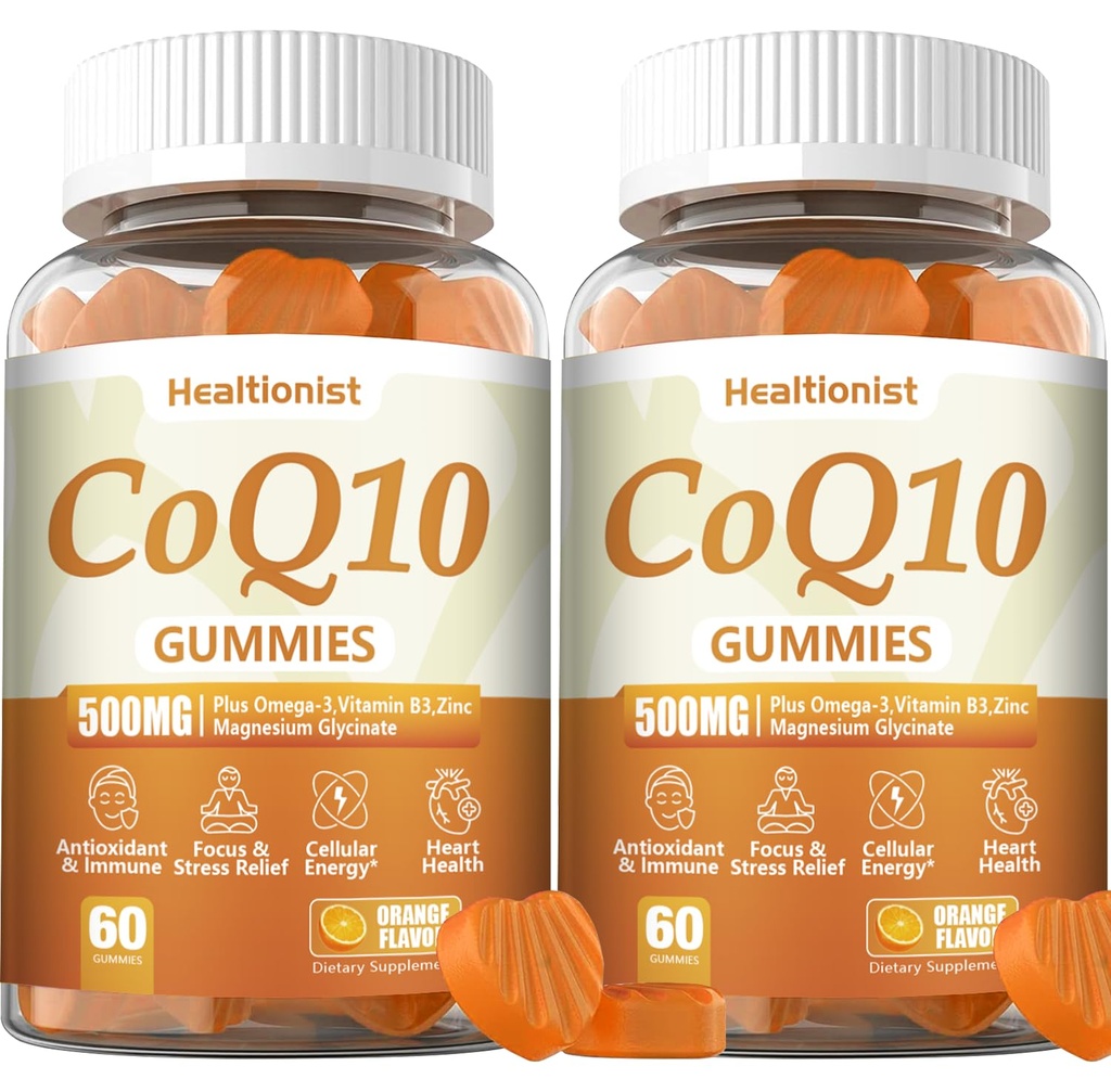 2 Pack 500MG Coq10 Gummies - 3X Better Absorption, Plus Omega-3, Magnesium, Vitamin B3 & Zinc - Coenzyme Q10 Supplements for Heart Health, Cellular Energy & Antioxidant, Vegan, 120 Counts