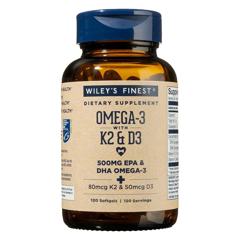 Wiley's Finest Wild Alaskan Fish Oil Vitamin K2 & D3 Softgels - 500mg of EPA and DHA Omega-3s for Bone and Heart Health Support - 120 Softgels (120 Servings)