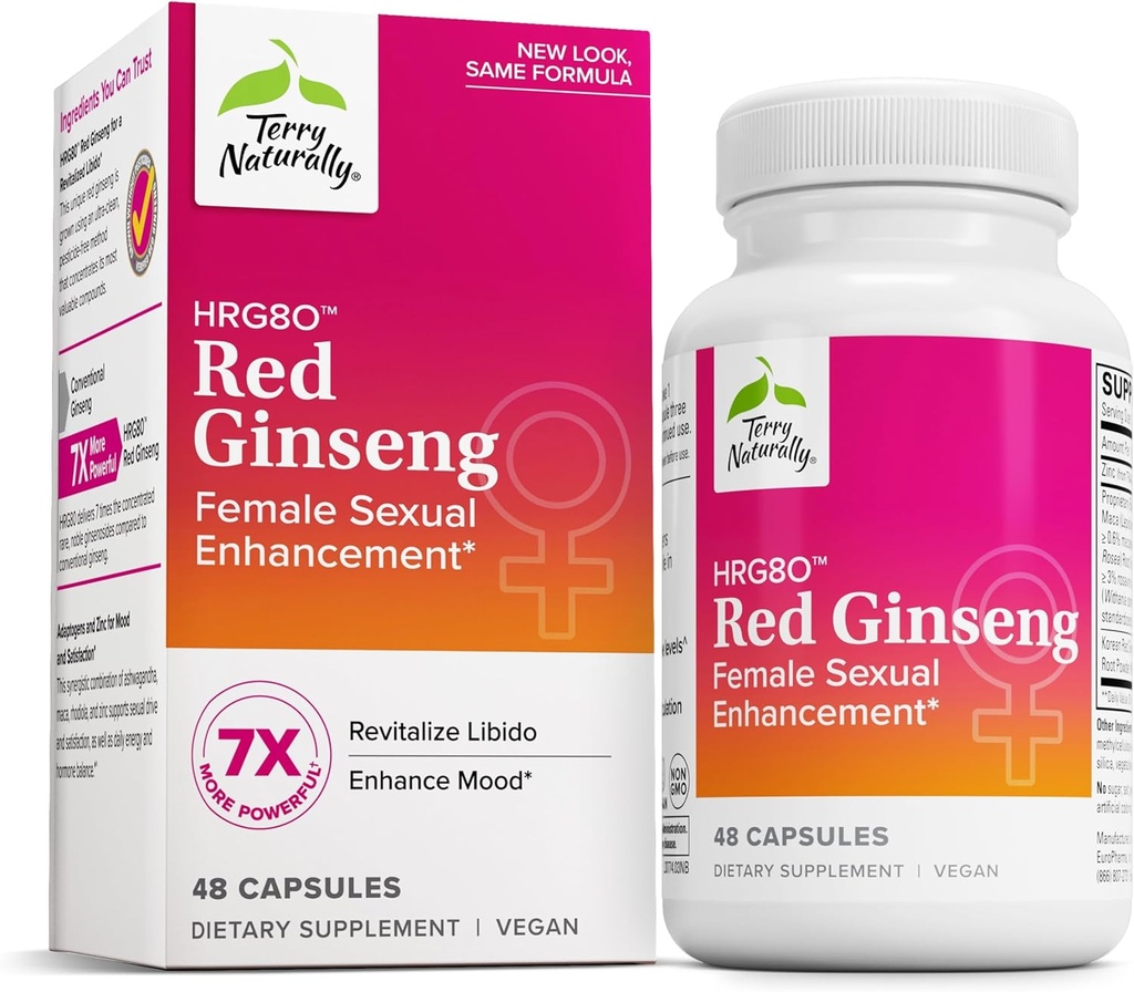 Terry Naturalmente HRG80 Red Ginseng Female Sexual Enhancement - Suplemento dietético para la circulación, resistencia y energía - Vitality Support with Ashwagandha, Red Ginseng " Zinc - 48 cápsulas