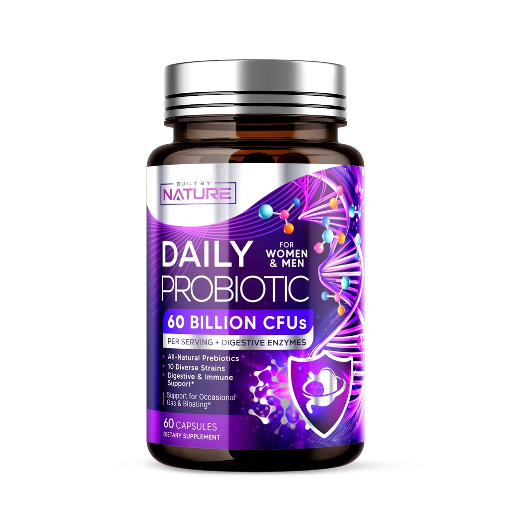 Construido por Nature Probiotic for Women &amp; Men – 60 Billion CFU, 10 Strains + Prebiotics & Digestive Enzymes – Apoya Digestive, Immune, Reduce Gas " Bloating – Shelf Stable, Non-GMO - 60 cápsulas