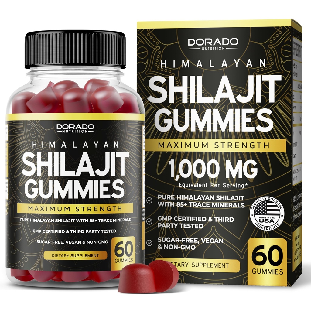 Shilajit Gummies For Men &amp; Women 1000mg (High Potency Gold Grade with 85+ Trace Minerals with Fulvic Acid) - Energy &amp; Immunity Support - Third Party Tested, Non GMO, Vegan &amp; Made in USA - (60 Gummies)