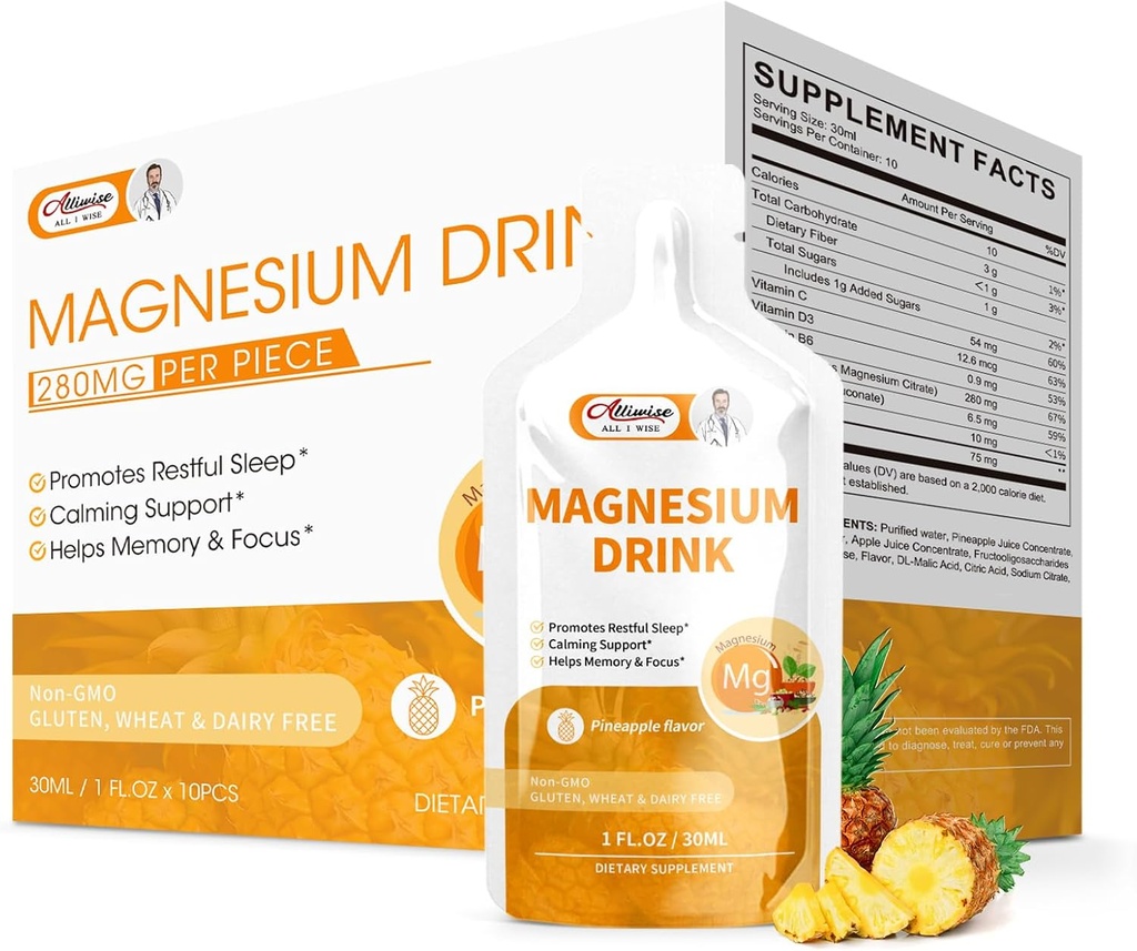 Magnesium Citrate Liquid Magnesium Drink Oral Solution with Vitamin, Zinc & Sodium Bromelain, Essential Magnesium Supplement Support Immune, Bone Health and Zzz, Pineapple Flavor, 10 Fl Oz