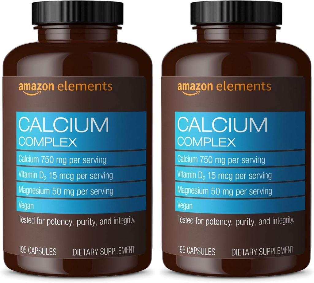 Elementos Complejo de calcio con vitamina D, 250 mg de calcio (3 por ser), Vegan, 195 cápsulas (paquete mayo Vary), soporta huesos fuertes y salud inmune (pack of 2)