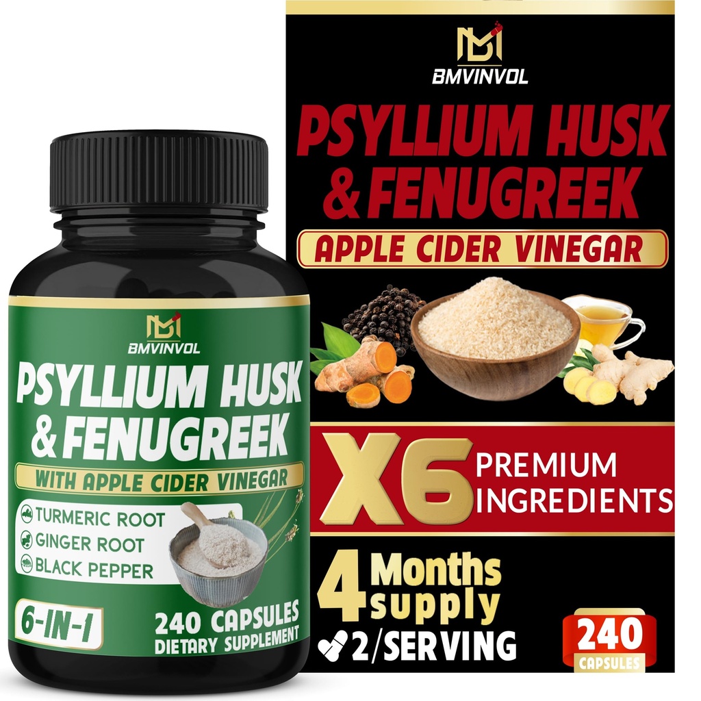 BMVINVOL 6in1 Psyllium Husk, Fenugreek, Apple Cider Vinegar, Turmeric, Ginger, Black Pepper - Soluble Fiber for Supports Digestive Health & Regularity- 240 Capsules [4-Month Supply]