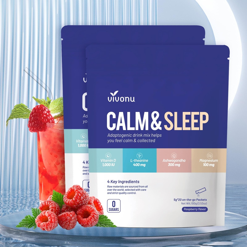 VivoNu Calm & Sleep Powdered Drink Mix Raspberry L Theanine Ksm-66 Ashwagandha Magnesium Glycinate Vitamin D 3 Supplements for Relaxation & Focus No Sugar Non GMO