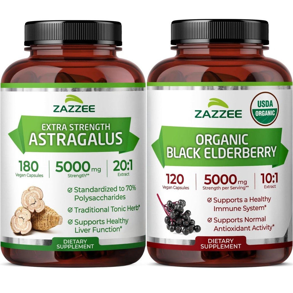Zazzee Organic Elderberry Extract and Astragalus Root Extract Capsules | 10:1 Sambucus Black Elderberry Plus 20:1 Astragalus | Herbal Immune Support Bundle