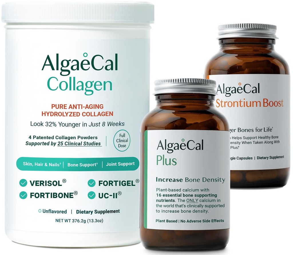 ALGAECAL Bone Builder &amp; Collagen Bundle – Collagen Clínicamente Aportado con Verisol, Fortibone, Fortigel + Calcio Planta-Basado, Estroncio, D3, K2, Magnesio &amp; 16 Nutrientes para Belleza &amp; Bone Health