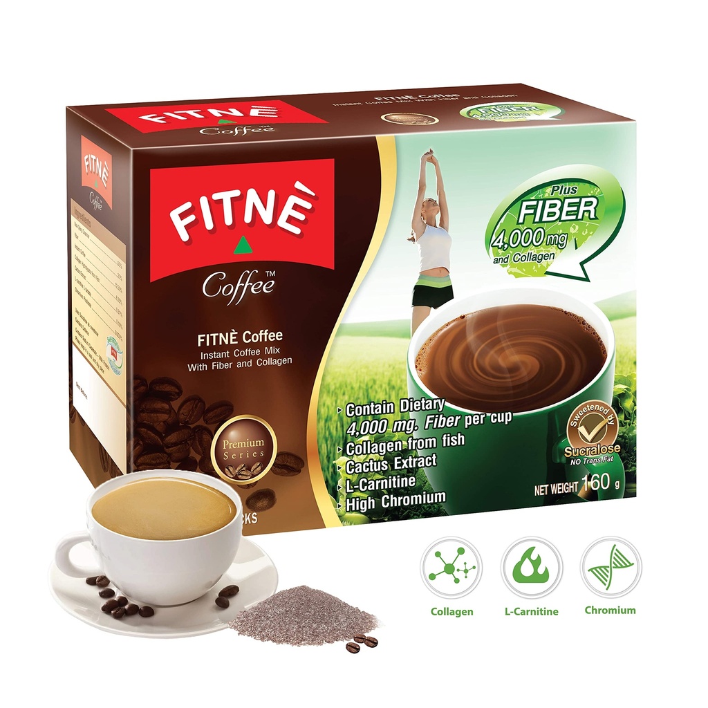 FITNE Premium Instant Coffee Packets Mix with Fiber 4,000 mg Collagen Cactus Extract L-Carnitine High Chromium No Sugar Sucralose Sweetener, 10 Sachets
