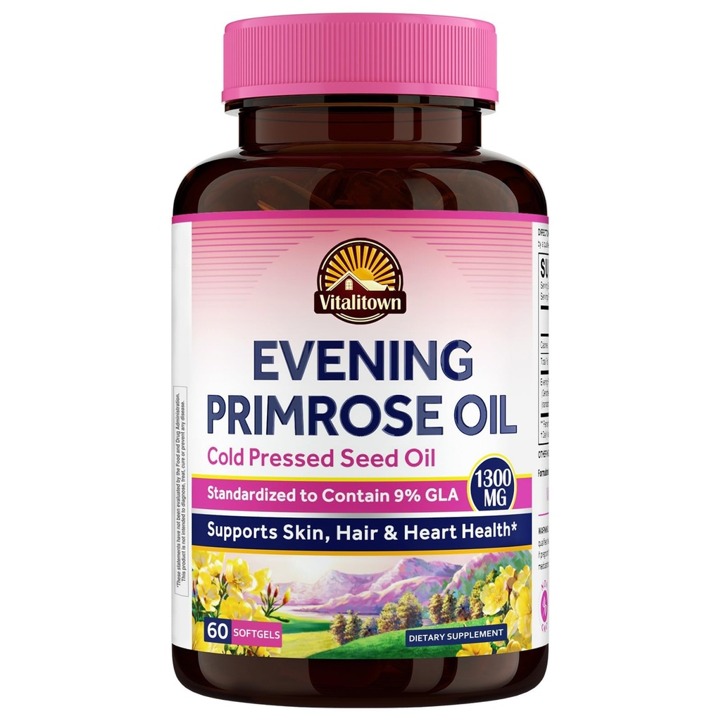 Vitalitown Evening Primrose Oil 1300mg, Cold-Pressed Seed Oil, Standardized 9% GLA (Gamma-Linolenic Acid), Healthy Skin & Hormonal Balance for Women, Non GMO, 60 Softgels