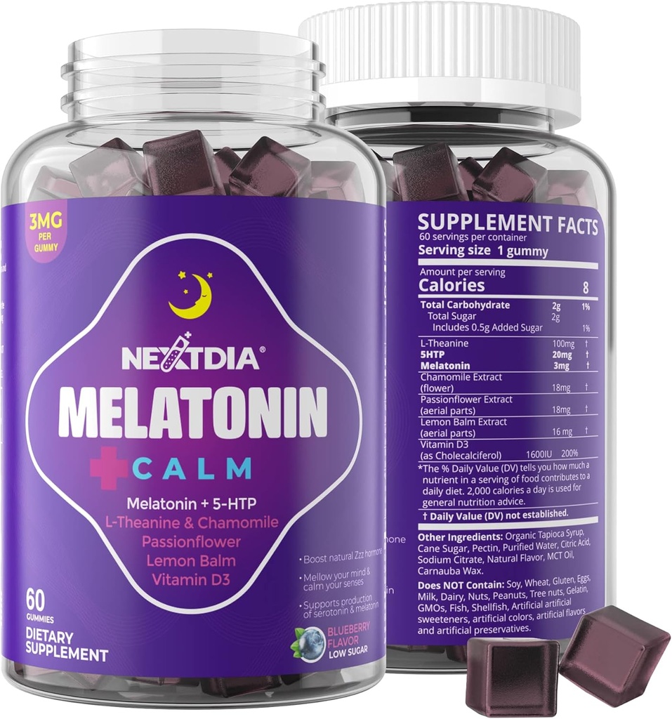 Melatonin Gummies 3mg 5mg 1mg - Healthy Calm Cycle Support with 5HTP, L-Theanine, Lemon Balm, Chamomile, Passion Flower, Vitamin D3 for Immune Support - Low Sugar, Gelatin Free, Vegan - 60 Counts