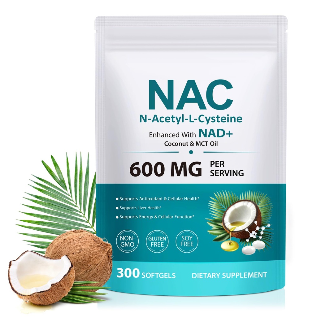 NAC Supplement 600mg with NAD+ & MCT Oil, N-Acetyl Cysteine Softgels for Antioxidant & Liver Health Support, Cellular Energy, Non-GMO, Gluten Free, 300 Softgels