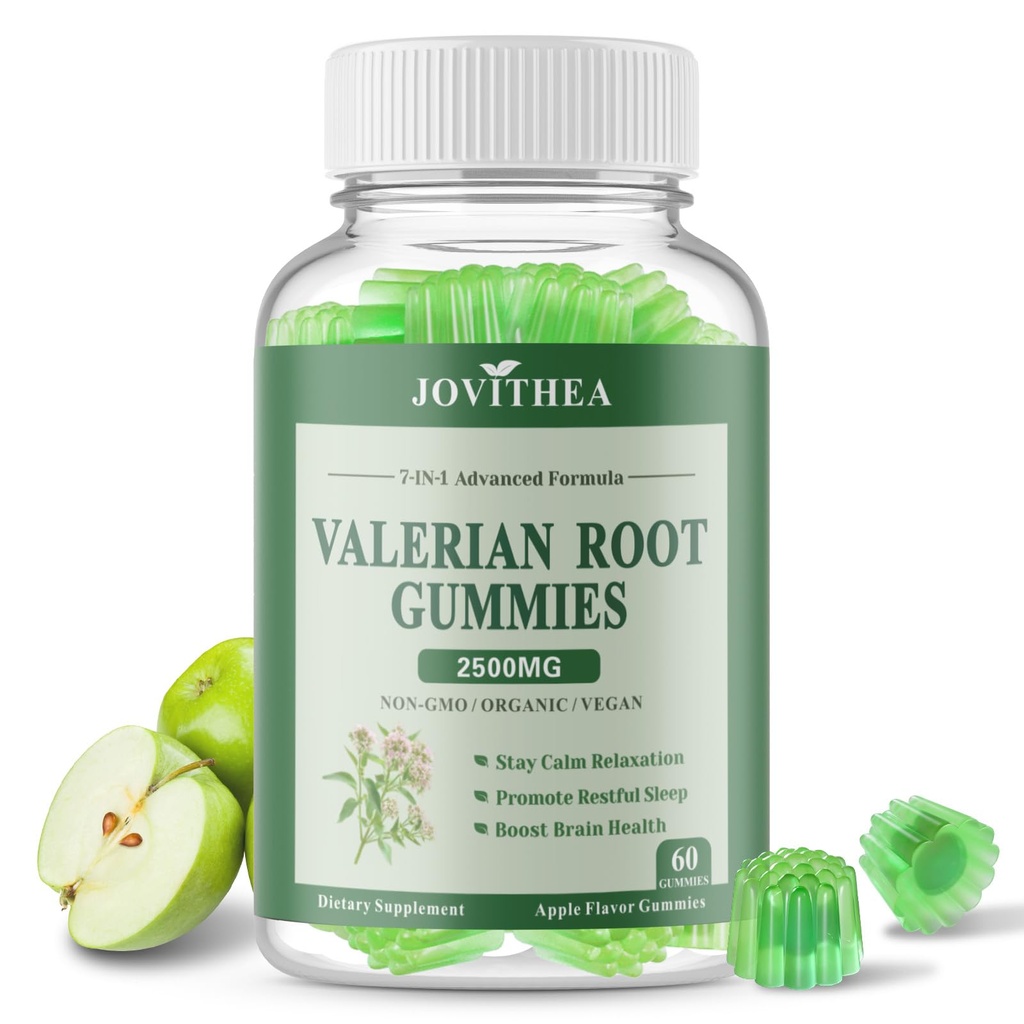 Organic Valerian Root Gummies, Herbal Supplements for Calm & Relaxation, Natural Sleep Support for Adults & Kids, Melatonin Free, Vegan, Non-GMO, Gluten Free, Apple Flavor, 60 Count
