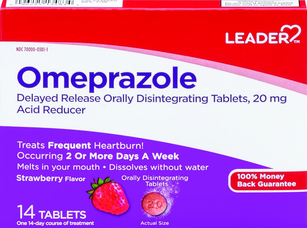 Leader Omeprazole Delayed Release Acid Reducer, Treats Frequent Heartburn, Upset Stomach, Acid Indigestion, Melts in Mouth, 20mg, Strawberry - 14 Tablets
