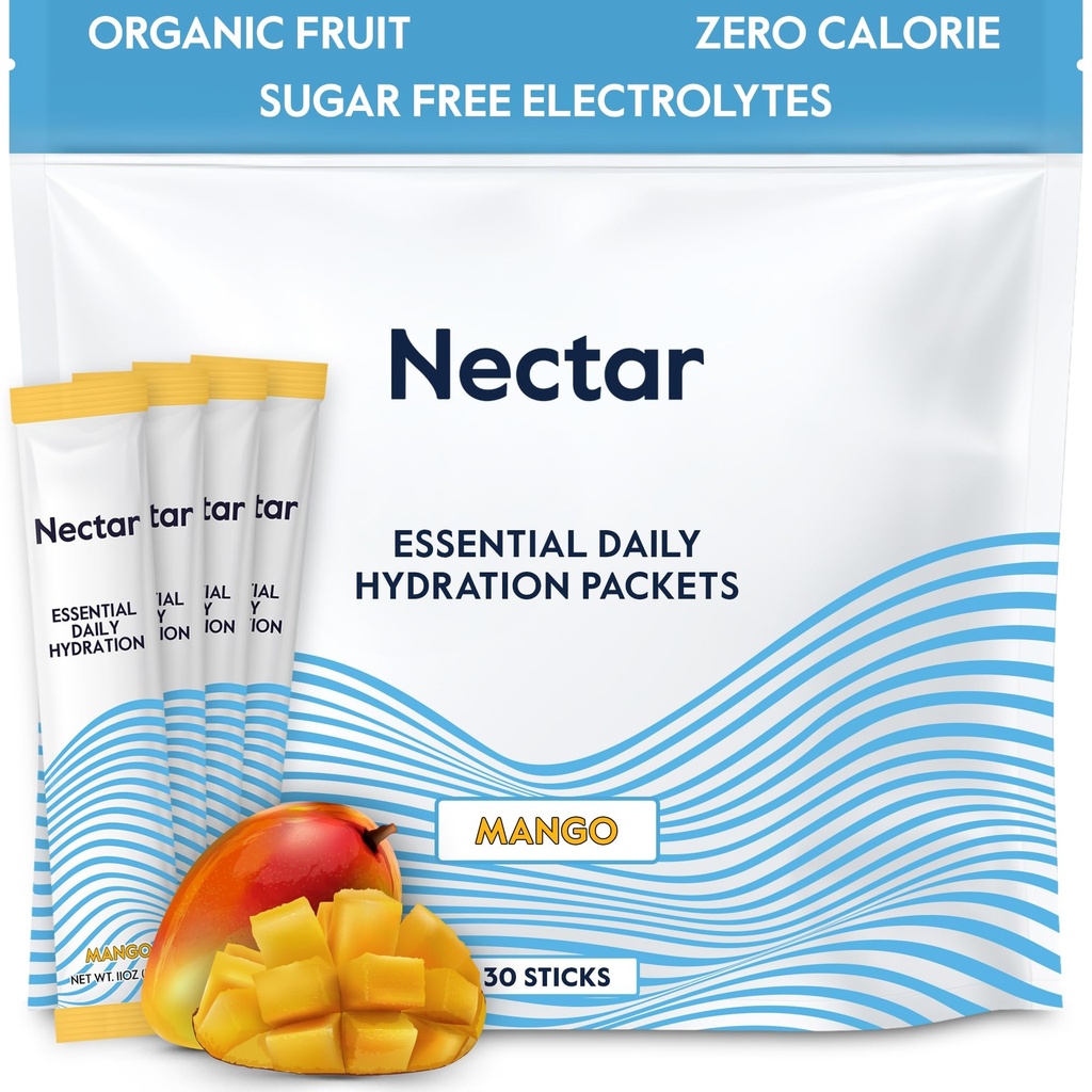 Embalajes de hidratación Nectar - Electrolitos Embalajes de polvo - Sugar Gratis > 0 Calorie - Electrolitos de fruta orgánica líquido diario IV Polvo para alivio de la deshidratación y rehidratación rápida (Mango 30 Pack)