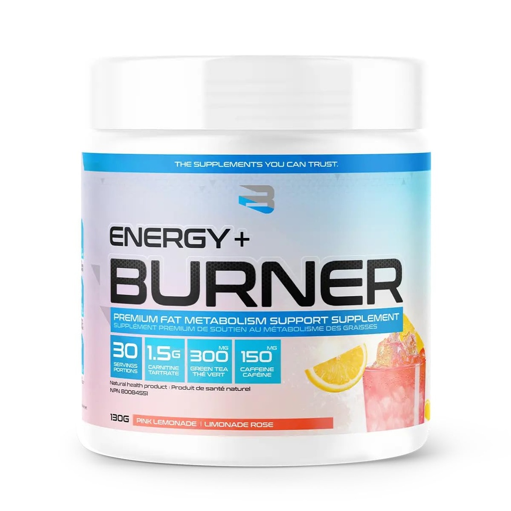 Believe Supplements Energy + Burner | L-Carnitine Tartrate, Green Tea, Caffeine | Fat Metabolism Support, Increased Energy, Focus, & Endurance | 30 Servings (Pink Lemonade)