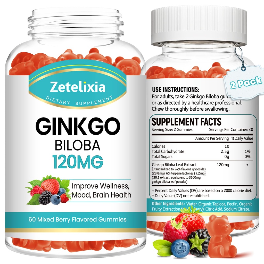 2 Pack Ginkgo Biloba Gummies for Women and Men, Brain Supplement Mejor Mood and Focus, Vegan Mixed Berry Flavor 120 Count