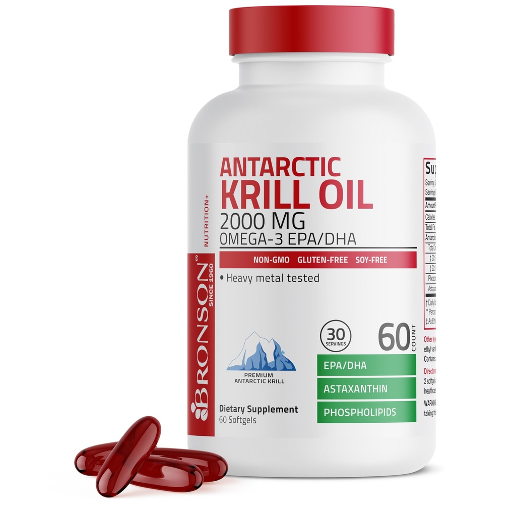 Bronson Antarctic Krill Oil 2000mg with Omega-3s EPA, DHA, Astaxanthin and Phospholipids 60 Softgels