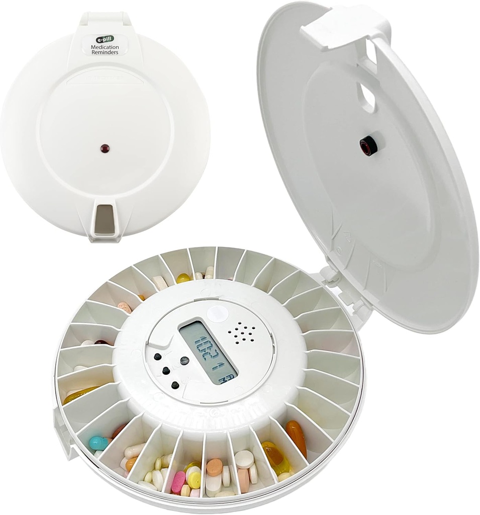 Dispensador automático de píldoras bloqueado e-Pill MedTime – Organizador de medicamentos seguro y fácil de usar con 24 Alarmas diarios – Ideal para personas mayores, demencia y atención de Alzheimer – Lid blanca