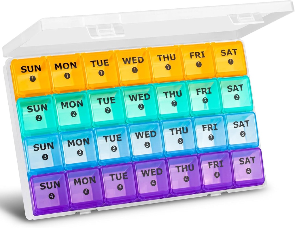 XL Organizador de píldoras mensuales grande 4 semanas, 28 días organizador de píldoras semanales, gran partido con caso de viaje, dispensador de 7 días 4 veces al día, caja de organizadores de medicina para vitamina, aceite de pescado