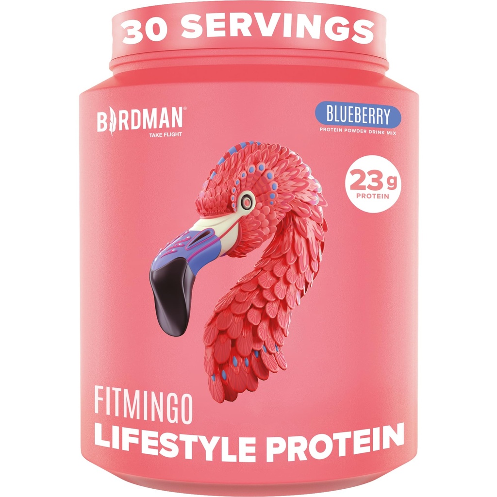BIRDMAN Fitmingo Vegan Protein Powder with Inositol, Collagen Boosters, Hyaluronic Acid and Vitamins | Low Carb, Dairy Free, Lactose Free, Low Calorie, 23g Plant Based Blueberry Protein Powder